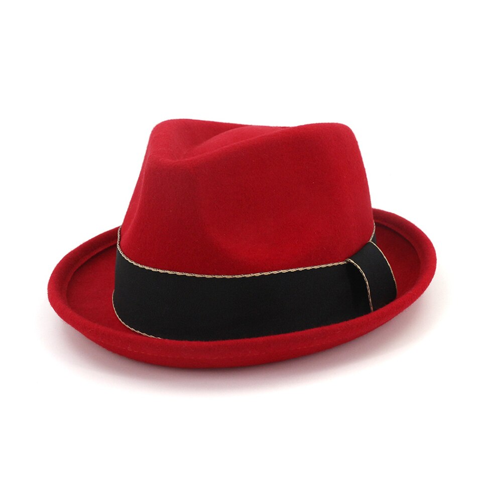 Hoaree vintage pork pie hoeden wollen fedora's vrouwen bordeauxrode trilby hoed dames retro jazz pet dames herfst winter vilten hoed: Rode fedora