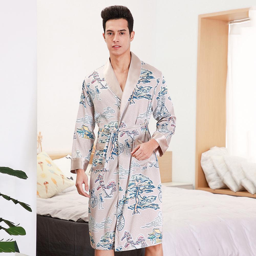 Silky Kimono Robe Bath Gown Chinese Male Long Sleepwear Animal Print Pajama Casual Rayon Robes Men Full Sleeve Nightwear: Style 8 / XL
