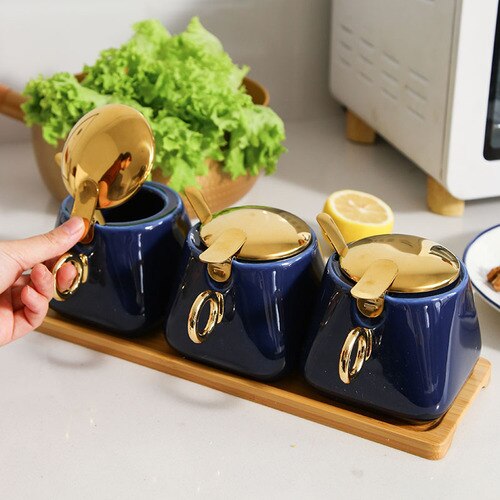 Kruidkruik Set Huishoudelijke Combinatie Zout Jar Kruiden Opbergdoos Keramische Keuken Kruiden Pot Peper Pot Met Deksel Cn (oorsprong): 3 blue