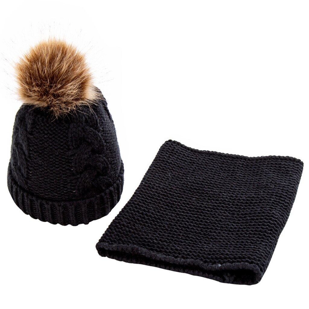 Nette Baby Hütte Schal einstellen Winter freundlicher Gestrickte Kappe Schal Warme Halstuch Winter Hütte Junge Mädchen Häkeln Hüte Kappen schals: Schwarz