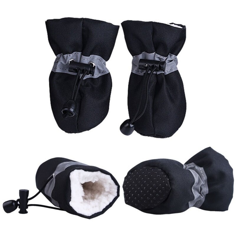 4 stuks Waterdichte Pluche Hond Schoenen Winter Anti-slip Regen Snowboots Schoenen Dikke Warme Voor Kleine Katten honden Puppy Sokken Booties: Black / 2