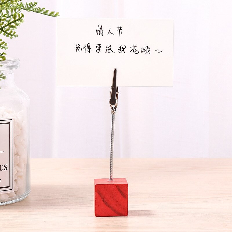 1pc coloré en bois Cube mémo pince métal Photo porte-carte bureau Photo pinces support Message porte-carte bureau décor organisateur: Red