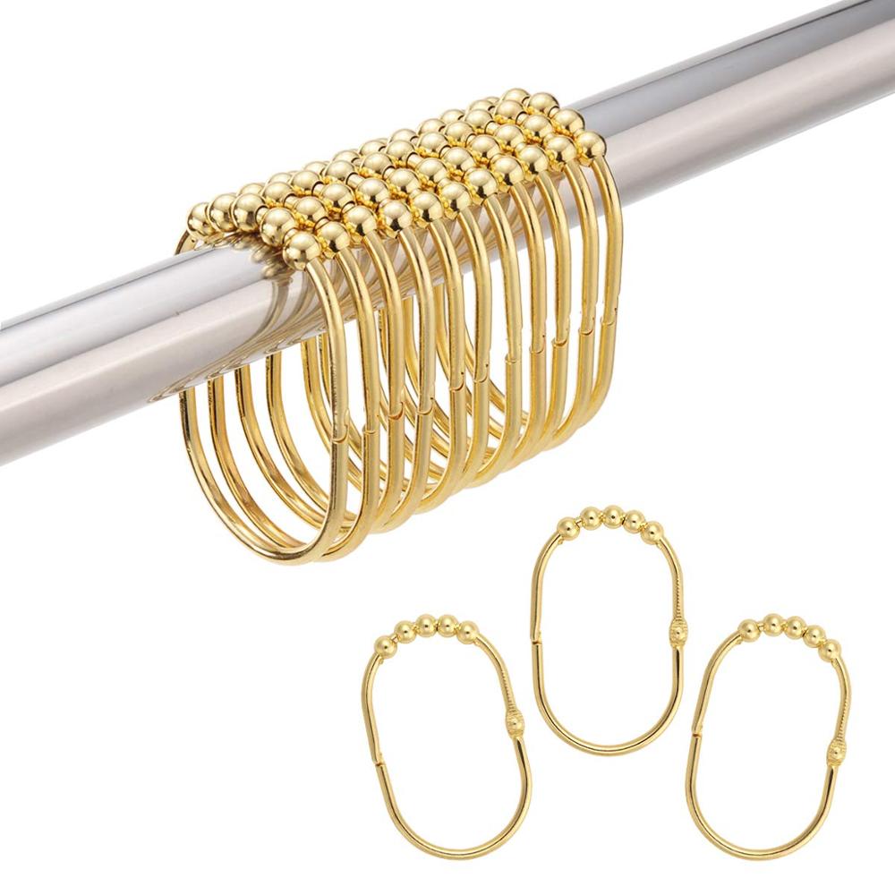 Shower curtain hook tote bag hook sliding roller rust stainless steel oval with clip bathroom pull rod curtain (gold)