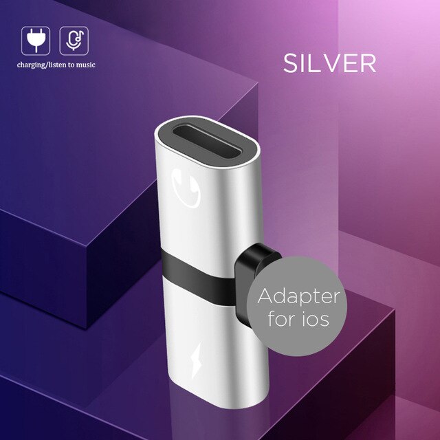 Hörlurar för iphone 8 7 plus x xr ljudladdning dual adapter splitterkabel på ios 13 12 jack till aux-kabel kontakt omvandlare: Silver-