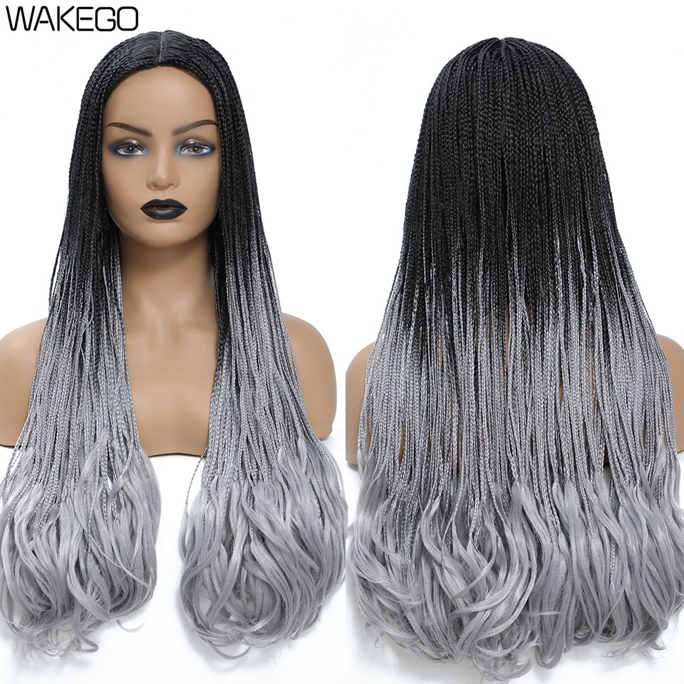 Wakego Wig Straight Box Braided Wigs With Wavy End For Women Daily Use perruque tresse africaine natte collée perruque pas cher: 1B Grey Color