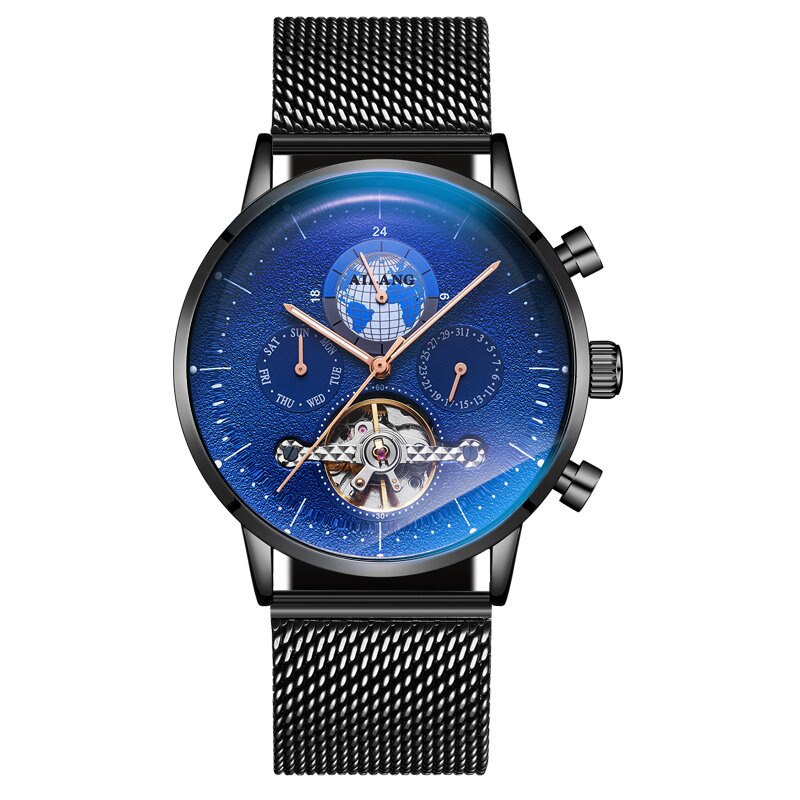 Ailang 2022 Mannen Business Tourbillon Automatische Mechanische Horloges Gradiënt Mannen Lederen Waterdichte Band 8613B: Mesh Black Blue