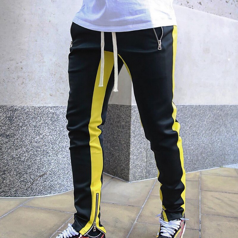 Pantalones de deportes nuevos para hombre, pantalón de correr con cremallera, pantalón de fútbol Atlético, entrenamiento deportivo, elásticos, para trotar y gimnasio: black yellow / M