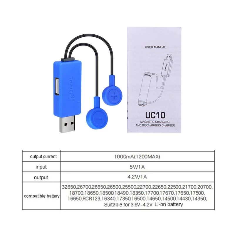 Universal USB charger for AA AAA 18650 Li-ion rechargeable batteries, magnetic emergency charging device