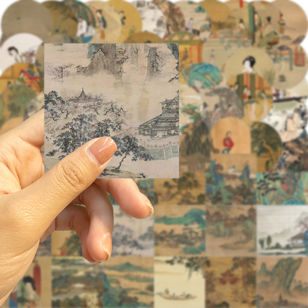 Autocollant de peinture de paysage ancien de Style Culture chinoise, étiquette murale pour valise, papeterie décorative pour carnet de notes, 10/30/50 pièces