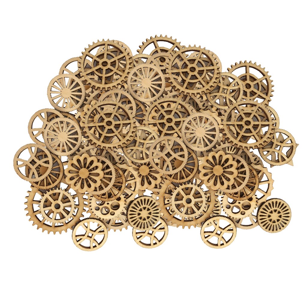 100Pcs Wooden Embellishments Crafts with Gear Shaped Hollow Decoration Crafts for DIY Albums Birthdays Parties Decorations