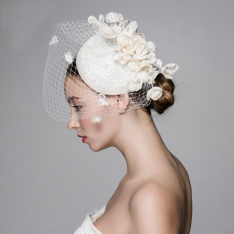 Original Ivory Beige Wedding Veil Hats With Pearl and Flower Decoration Romantic Wedding Party Small Bridal Hats
