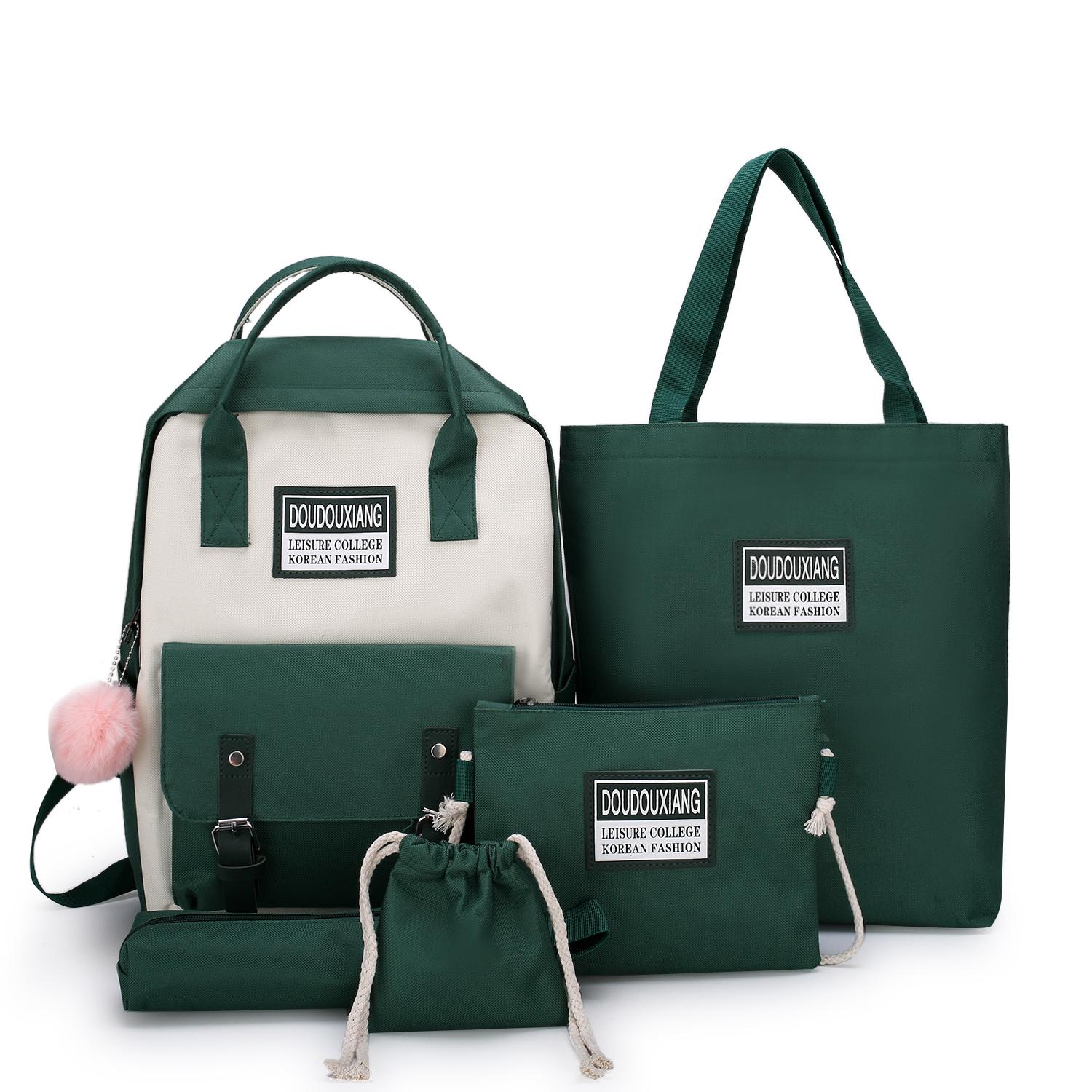 Canvas Female Book Bag Backpack 5pcs/set Schoolbag School Bag Travel Pack Tassel Women Teenage Teenagers Girl: Style 7 Green