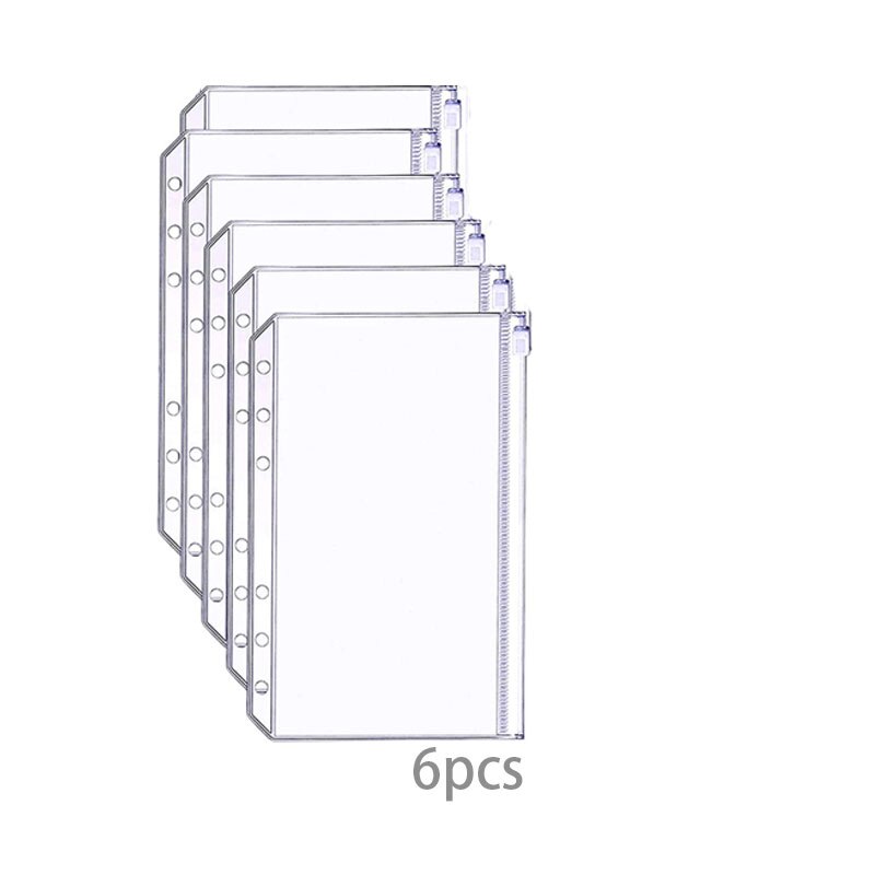 A6 soft PVC 6-ring binder cover with flashing transparent notebook zipper bag loose-leaf core book with snap button close binder: Zipper bag -6pcs