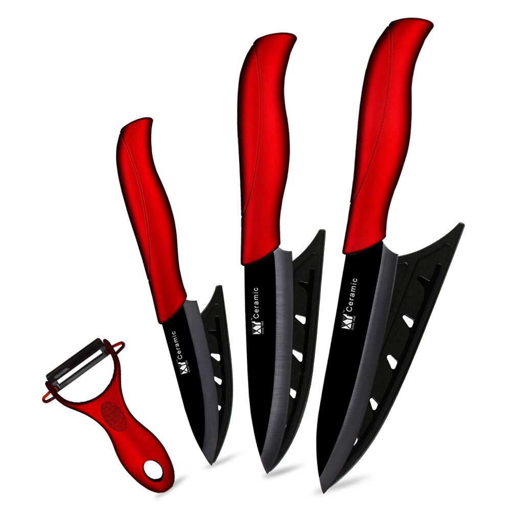 Keramik Messer 3 4 5 6 zoll Küchenmesser Set Peeler Zirkonia Schwarz Weiß Klinge Obst Koch Messer Vege Kochen werkzeug Stand Abdeckung Fall: Red 4 Pcs Set