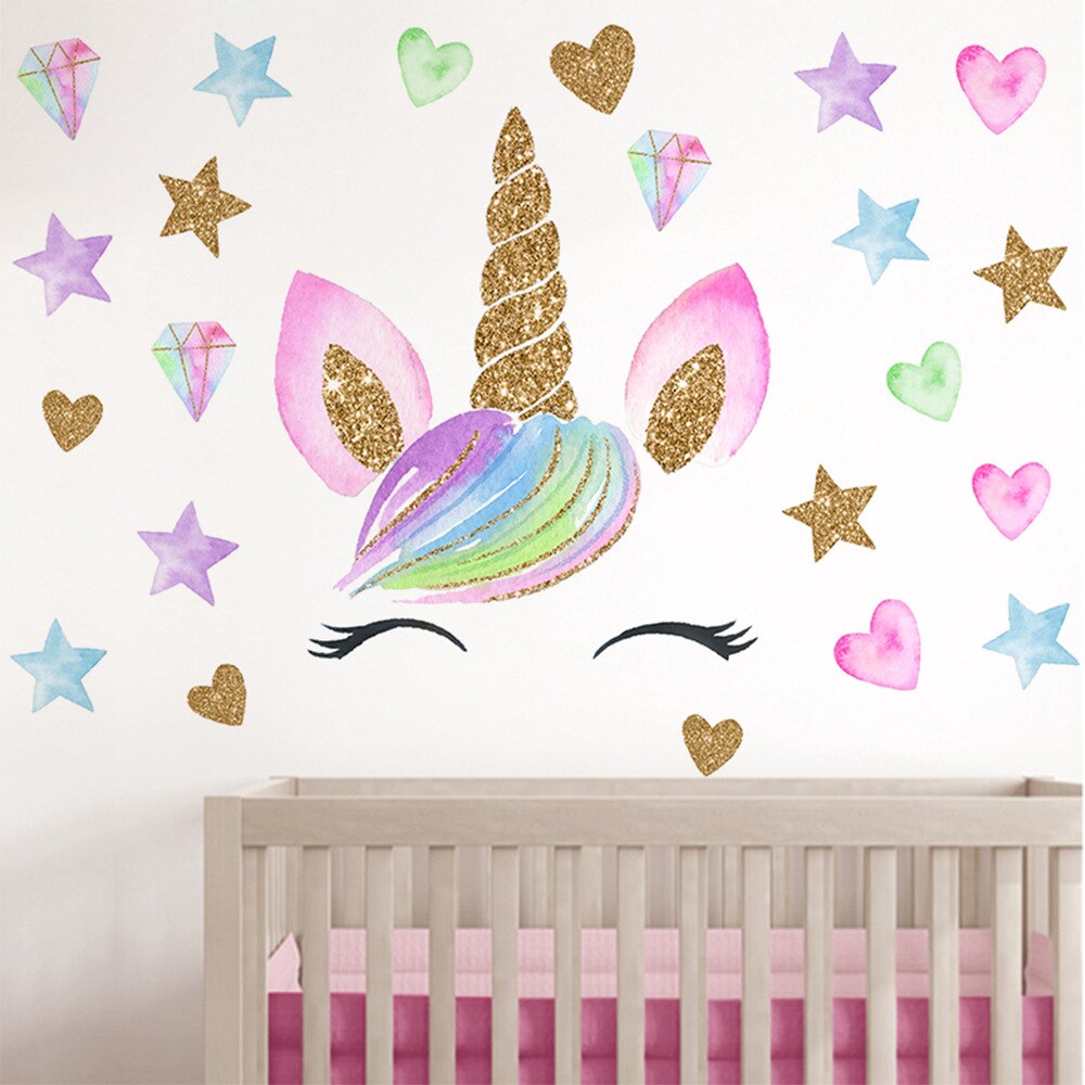 Pegatina de pared de unicornio dorado para habitación de niños, pegatina decorativa de dibujos animados, calcomanía de unicornio de estrella, fondo extraíble, decoración de pared