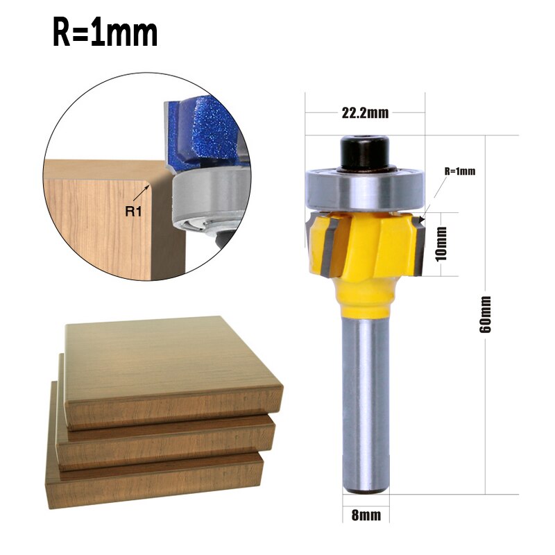 CHWJW – fraise à bois de , tige de 8mm, 1 pièce, R1mm R1.5mm R2mm, lame de coupe, 4 dents, mèche de toupie à bois: 8XR1mm