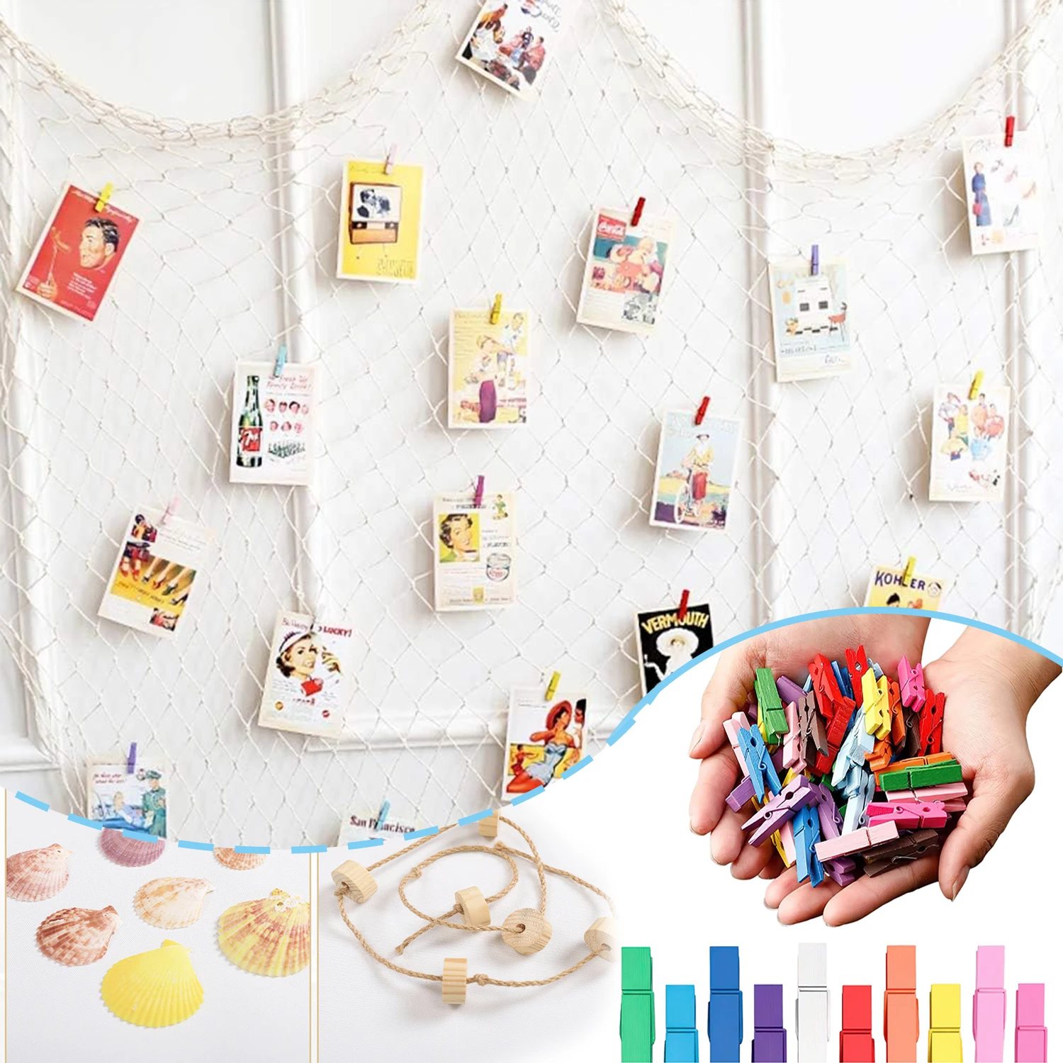 Fishing Net Decor Hanging Photo Display with Clips Nautical Wall Decor Fish Net Decorations for Party Hanging Picture Accessory