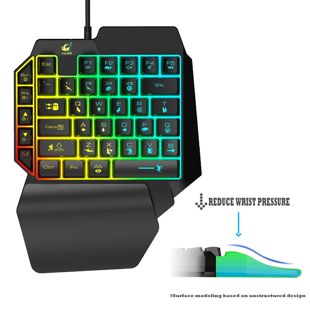One-Handed RGB Gaming Keyboard Set Wrist Rest Ergonomic 41 Keys Wired Mouse Home USB LED Backlight Mobile Phone