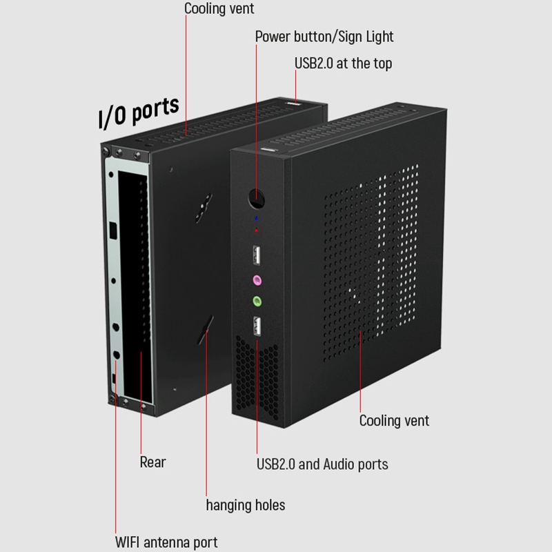 Mini T5 Thin Mini ITX Computer Case Black USB2.0 HTPC WIFI Antenna Ports No Power