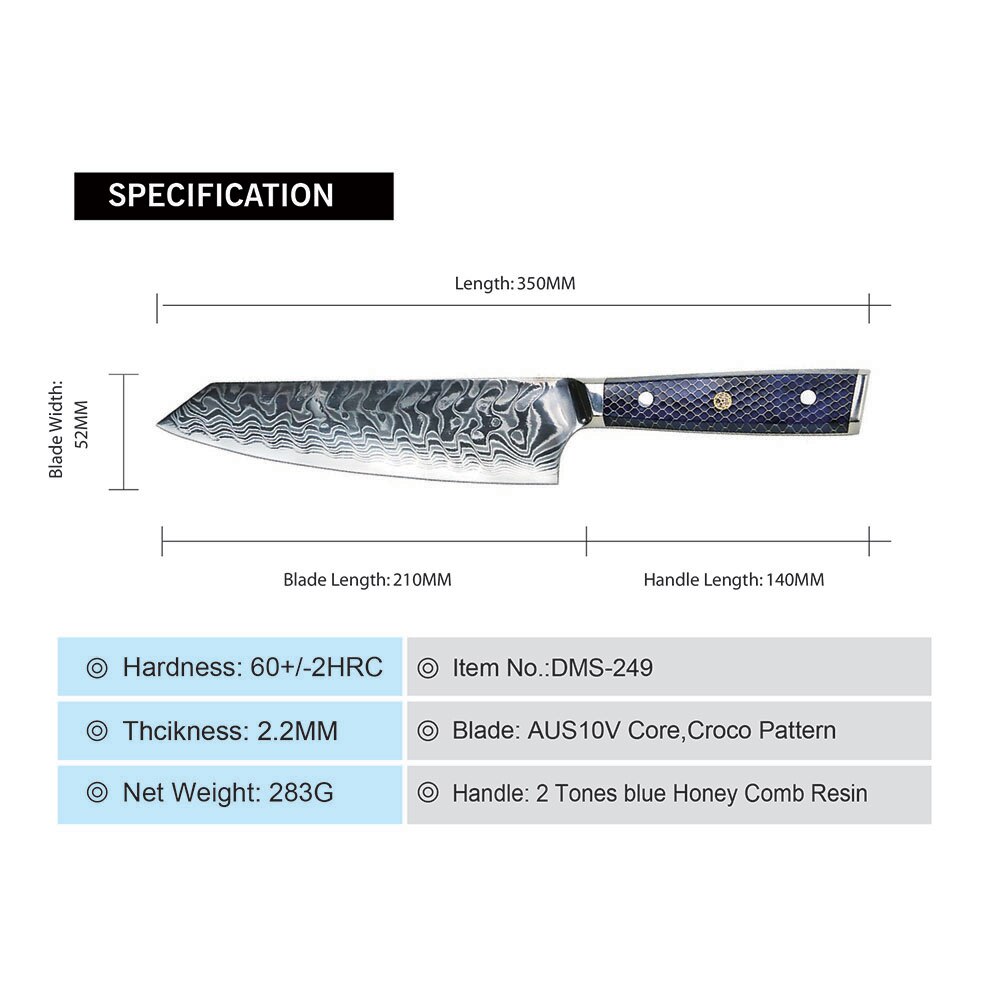AMBER AUS10V Core Croco Pattern Knife With 2 Tones Blue Honey Comb Resin Chef Cleaver Kiritsuke Nakiri Santoku Ultral Sharp Cook: DMS-249B Kiritsuke