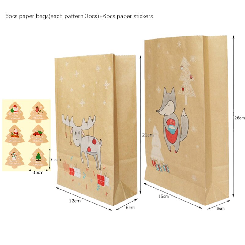 5/6 sæt julekraftpose snefnug julemanden xmas festindretning papirpose diy papirvarer konvolut med klistermærker: 6 sæt rådyr