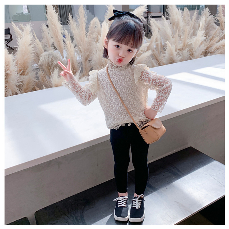 2022 Spring New Korean Girls Cute Slim Lace T-shirt Tops White Children&#39;s Long-sleeved Princess Blouse for Girls Kids Clothes
