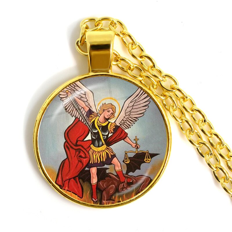 1pcs 25mm Glass Cabochon Necklace Archangel St.Michael Protect Me Saint Shield Protection Charm Russian Orhodox Pendant Jewelry