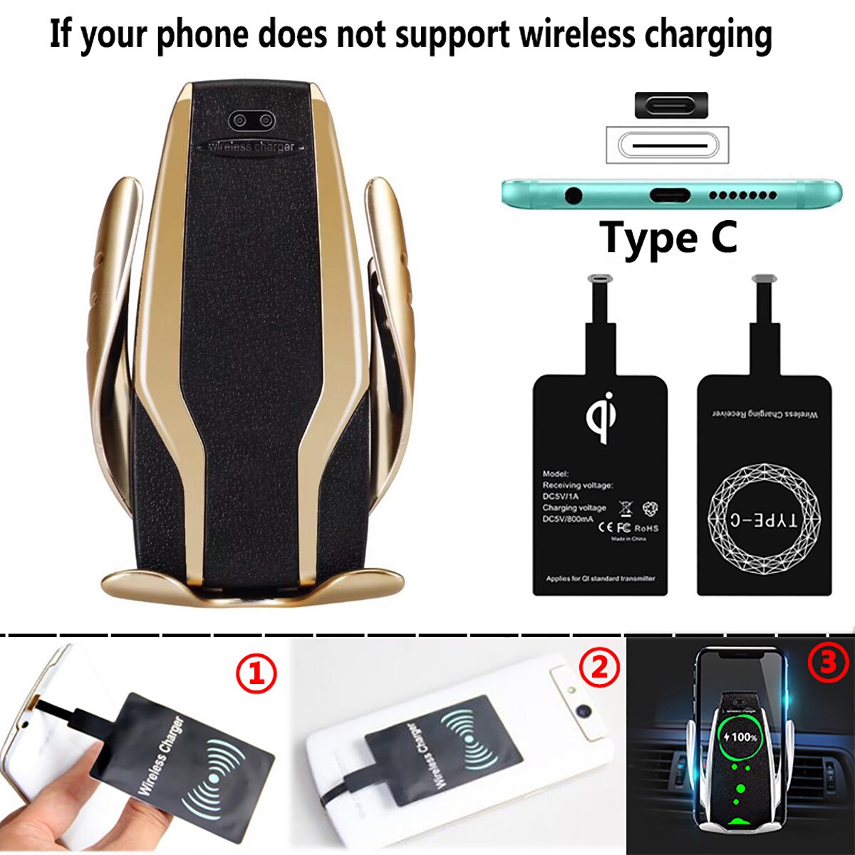 Qi Automatic Clamping Car Phone Holder Fast 10W Wireless Charging Car Charger Holder Mount Air Vent for iPhone X Max XR Samsung: Gold For Type-C