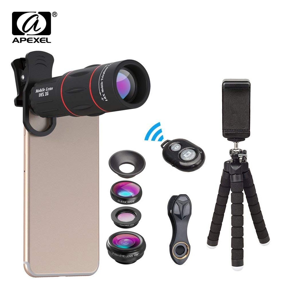 APEXEL Phone Lens Kit Fisheye Wide Angle macro 18X telescope Lens telephoto for iphone xiaomi samsung galaxy android phones