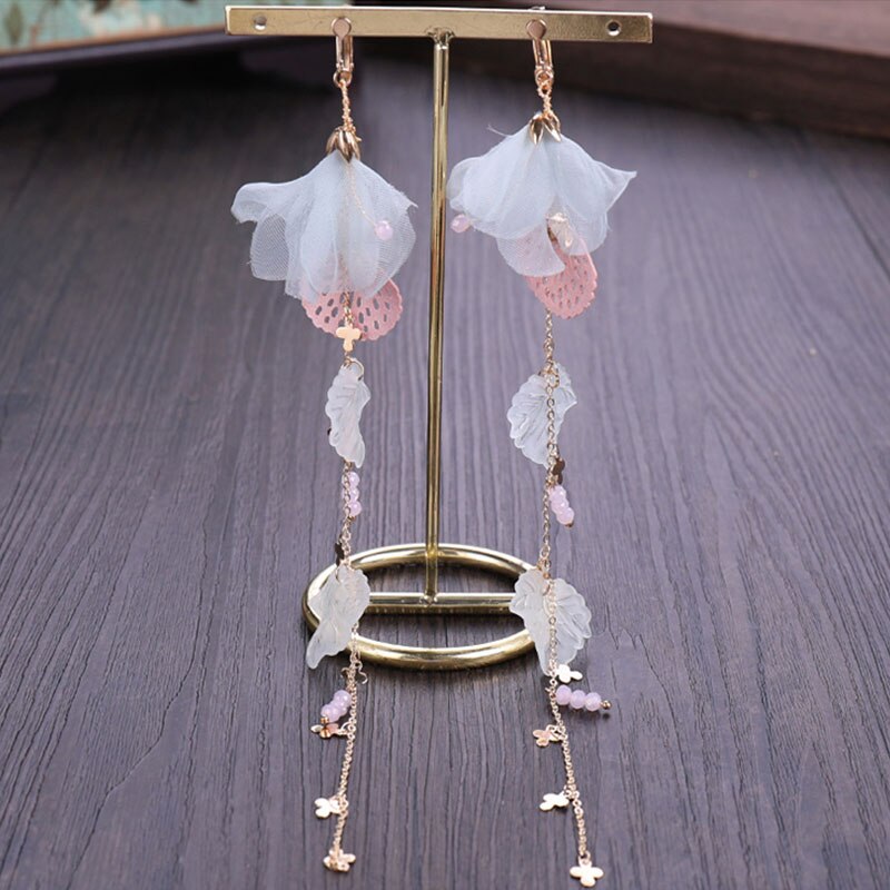 FORSEVEN Chinese Dress Headdress Set Flowers Crystal Hairband Long Fairy Tassels Dangle Earrings Bridal Wedding Jewelry Sets