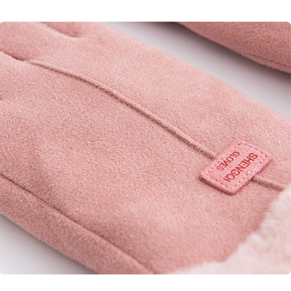 Female Winter Lace Warm Cashmere Cute Mittens Suede Leather Double Thicken Plush Full Finger Wrist Touch Screen Driving Gloves