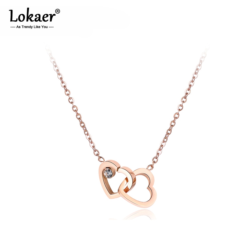 Lokaer colar corrente e fecho de zircônia cúbica, dupla coração, joias de titânio aço rosa dourado para mulheres n18058
