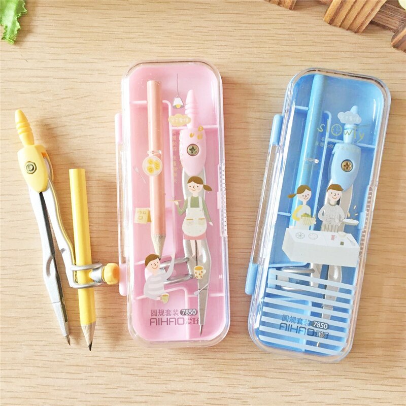 1Box Drawing Compasses Metal Compass with Pencil Chancery Cartoon Compass Love Couple School Drafting Office Supplies Stationery