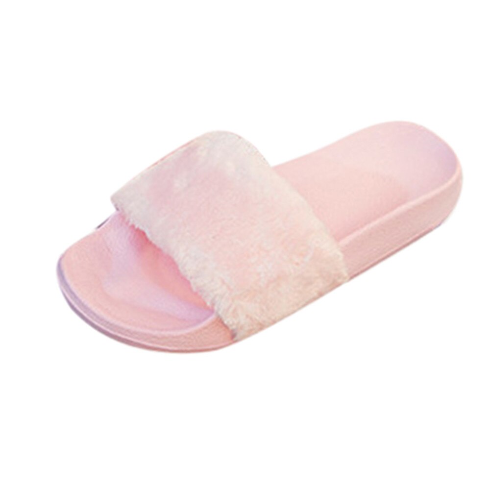 Sandale plate avec fausse fourrure pour femmes, pantoufle moelleuse, talon plat, collection sans lacet: Rose / 38