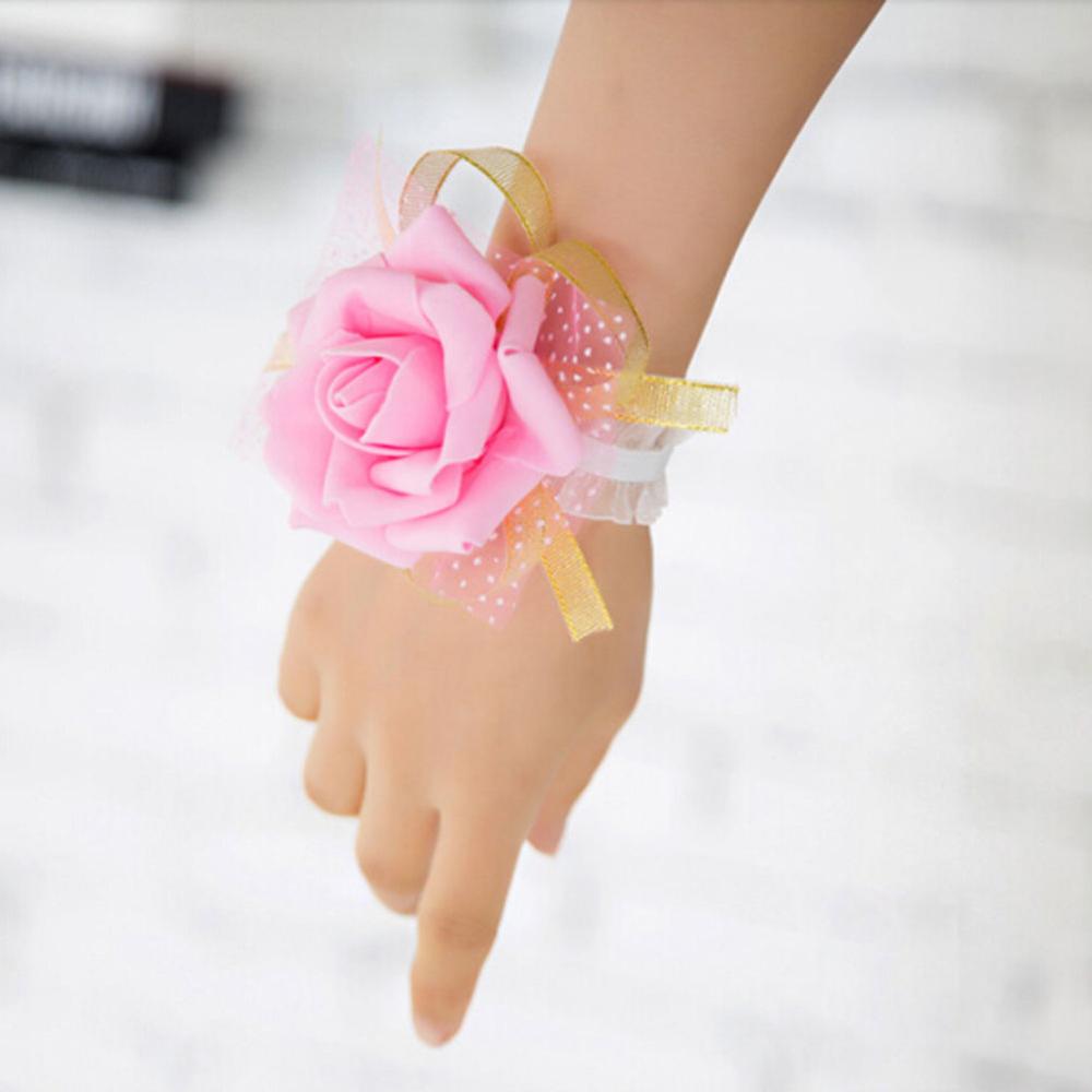 1Pcs Wrist Flowers Wedding Supplies PE Artificial Rose Ribbon Flower Bride Bridesmaid Hand Flower Party Decoration: Pink