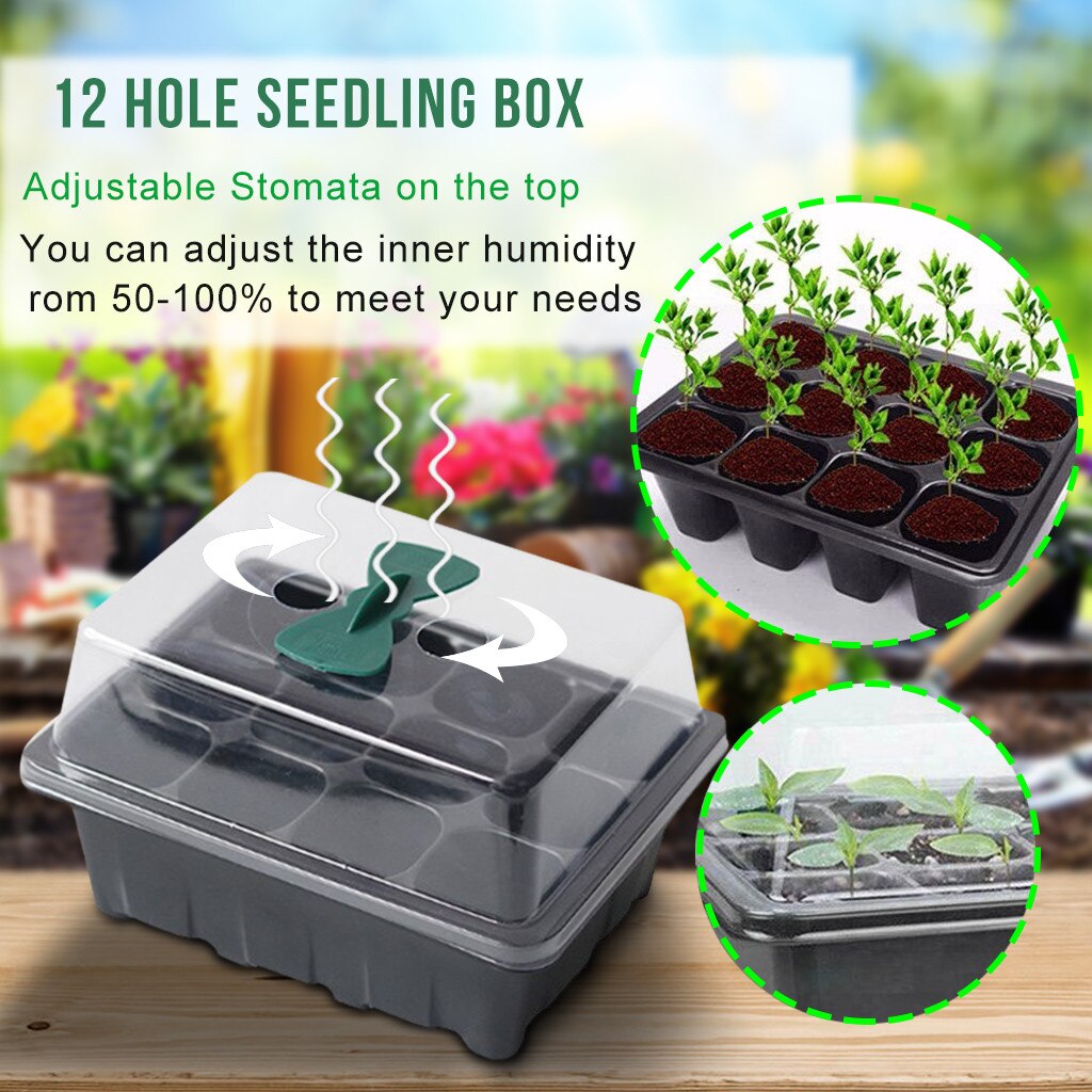 12 agujero semillas de plantas crece caja de vivero de plántulas de jardín bandeja balcón plantación crecimiento caja vivero macetas decoración para el hogar: black