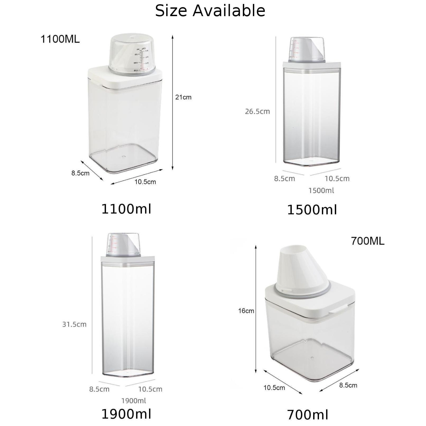 Contenitore Ermetico Per Detersivo 1100 Ml - Dispenser Con Misurino E Beccuccio Versatore, Bianco Trasparente