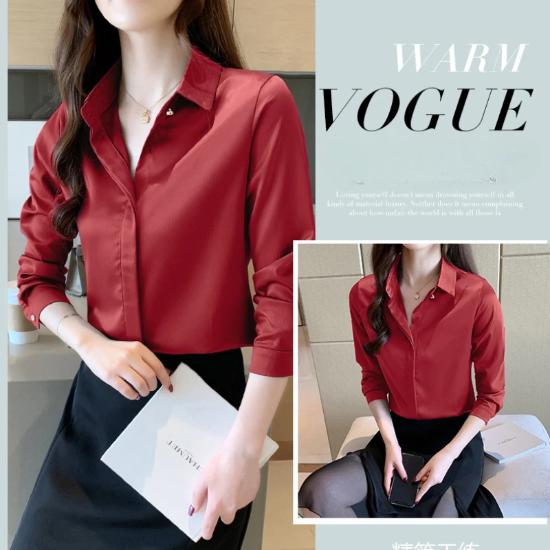 Camicie da donna in raso camicetta elegante per donna camicia a maniche lunghe camicia rossa in seta OL camicette da donna superiore da donna 2024 abbigliamento femminile