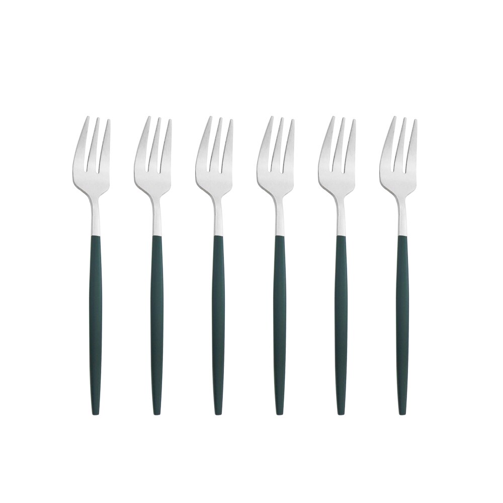 Ensemble de fourchettes à fruits en acier inoxydable, petite fourchette à Dessert en or blanc, ensemble de fourchettes à thé pour gâteau, fourchette à salade, service de couverts 6 pièces: Green Silver
