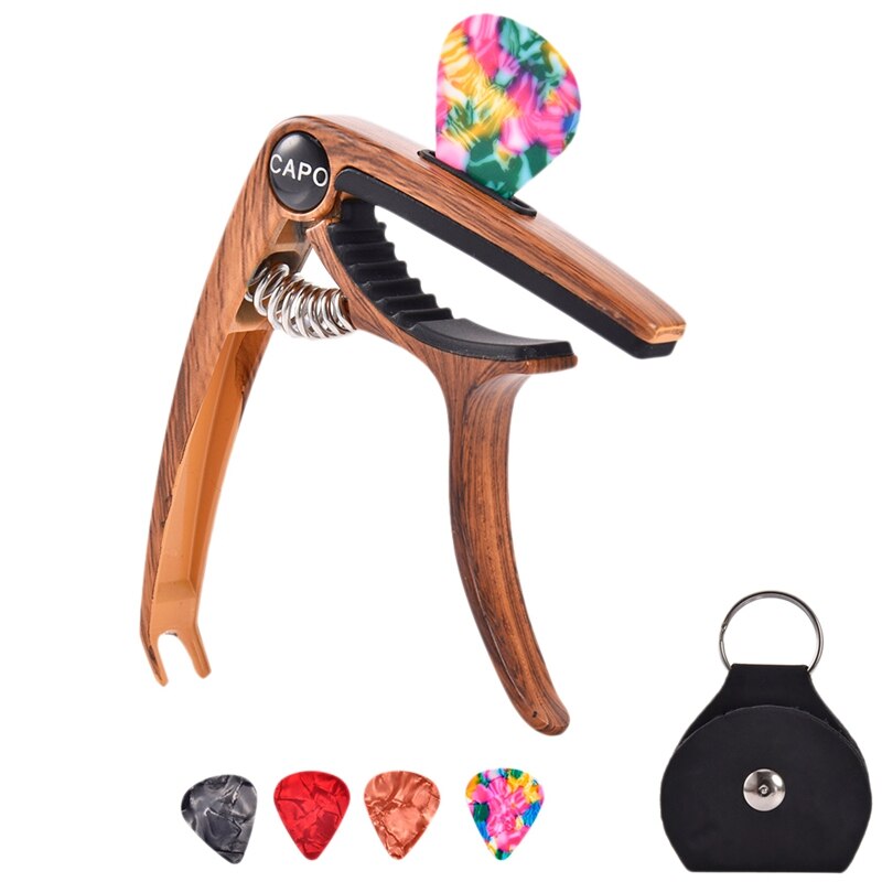 Gitaar Capo Voor 6/12 Akoestische En Elektrische Gitaren Bass Ukulele Mandoline Banjo Met Picks En Picks Houder: Wood color