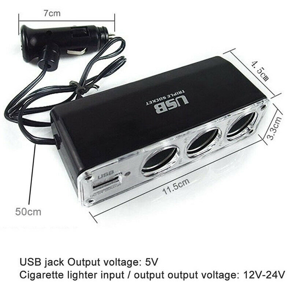 Car Lighter Multi Socket Triple Splitter USB Port Charger Adapter With Lighter Plug For 12V-24V Vehicles