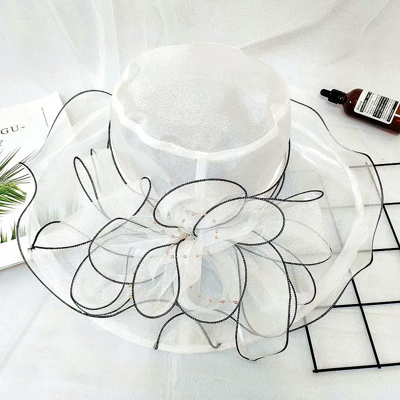 18 Color Ladies Summer Hat White Black Organza Church Fascinator Wedding Tea Party Derby Hats for Women Flower Wide Brim Sun Hat: Silver