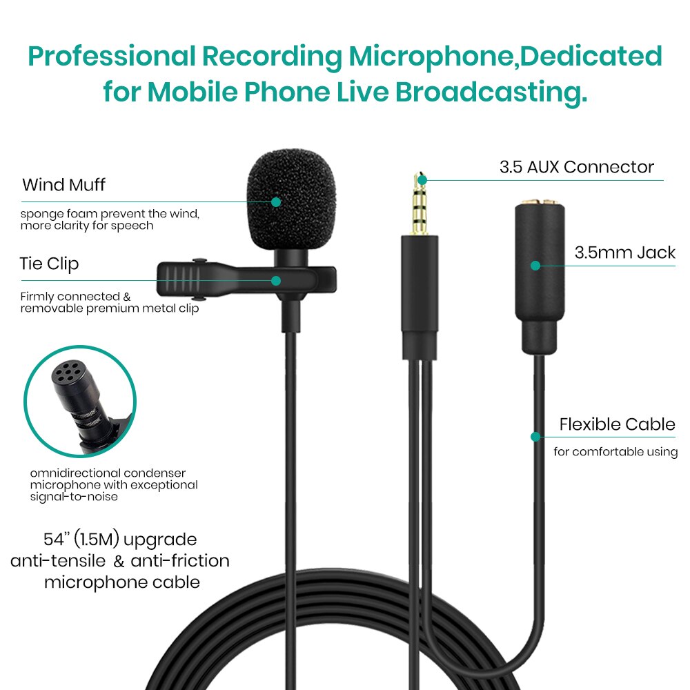 Lavalier Lapel Microphone 2in1 with Earphone Jack Clip-On with Omnidirectional Condenser Mic and Monitoring Input