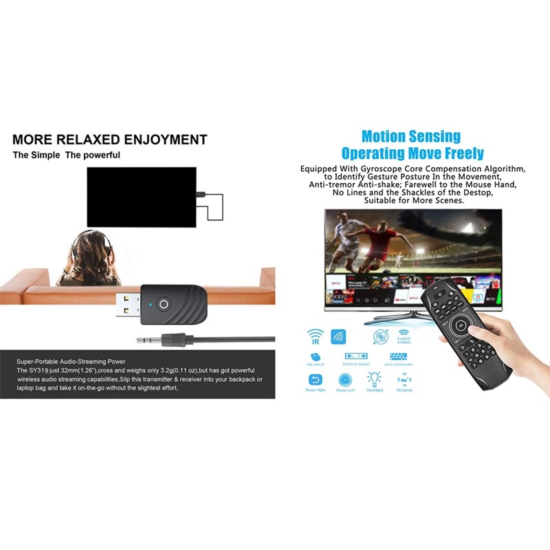 Bluetooth 5.0 Audio Receiver Transmitter with Bluetooth 5.0 G7BTS Gyroscope Backlit IR Learning Air Mouse Remote Control