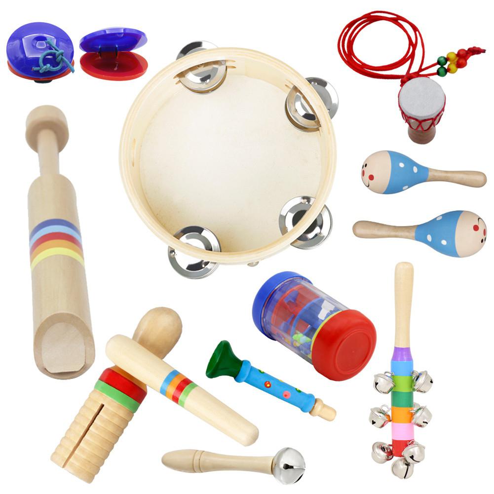 10 stk orff musikinstrument sæt hånd tamburin + regn lyd rør + lydrør + fløjte + rangle + vægtstang + horn + maracas + halskæde + castanet: Default Title