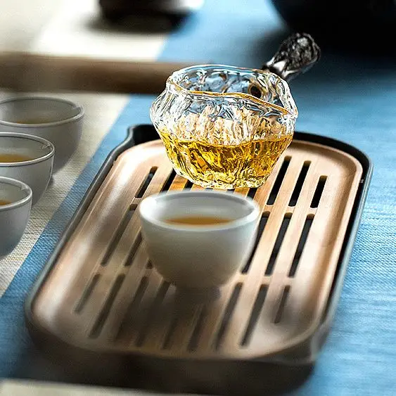 Decantador de jarra para servir té de vidrio, mango de madera, jarra de té chino Gongfu Chahai, taza de té de vidrio, cafetera y leche