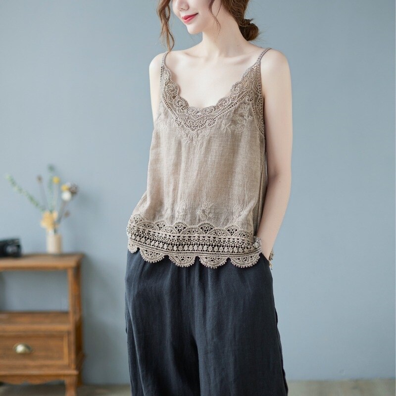 Summer Spaghetti Strap Tops Women Sleeveless V-Neck Floral Embroidery Casual Cotton Linen Tank Top Chinese Shirt Femme KK4455: 7