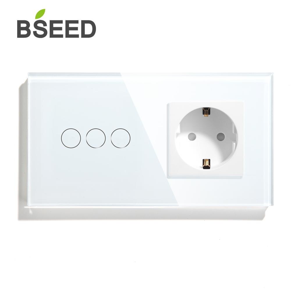 Bseed eu standard touch-afbryder 3 gang 1- vejs 2- vejs vægkontakt stik 3 farver krystal glas panel touch switch hvid sort glod: Hvid stikkontakt / 3 gang 1 vej