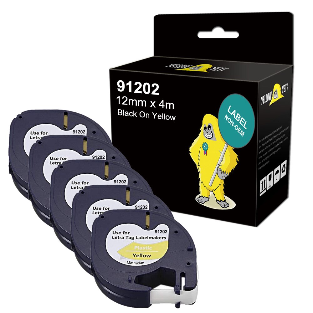 5x Label Tape Compatible Dymo Letratag 12mm x 4m Plastic Tape for LT-100H LT-100T: 5* Black On Yellow