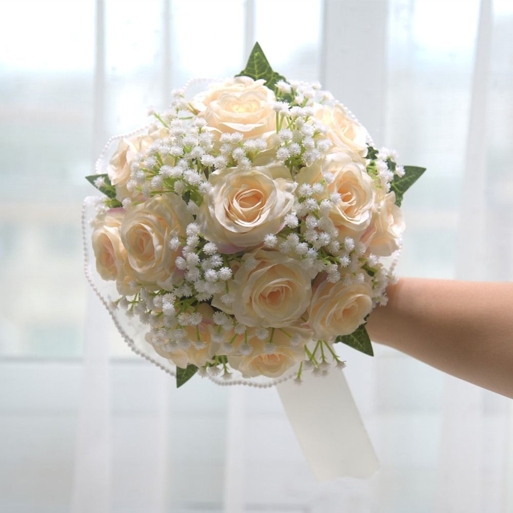 Baby's Atem Romantische Hochzeitssträuße Künstliche Seidenblumen Schleifenband Brautstrauß Exquisiter Perlen-Spitzen-Weißrosenstrauß